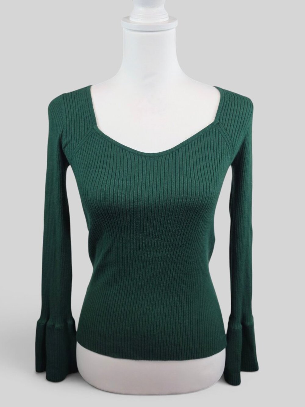 LOFT Green Ribbed Sweetheart Neck Long Sleeve Bell Sleeve Top Size S